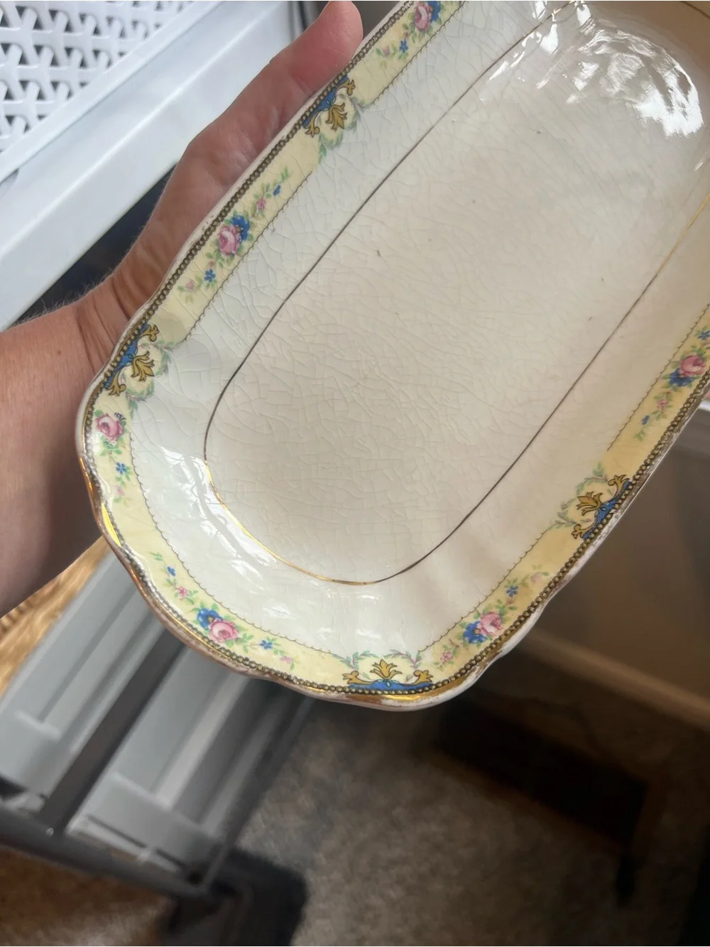 Vintage Floral Ceramic Trinket Tray or Relish Dish Cream with Pink Rose Accents